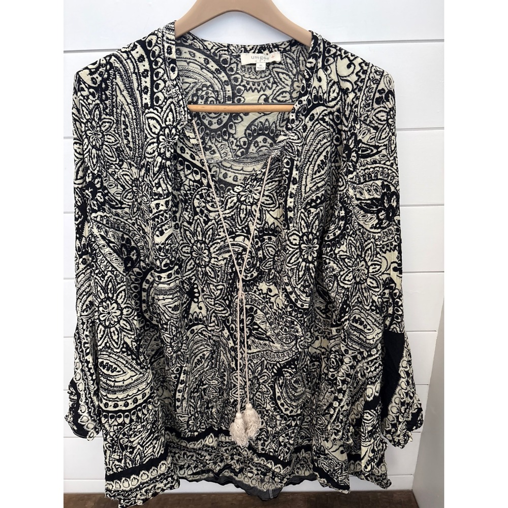 Umgee USA Boho Paisley Print Tassel Lace Up Blouse Top XL‎